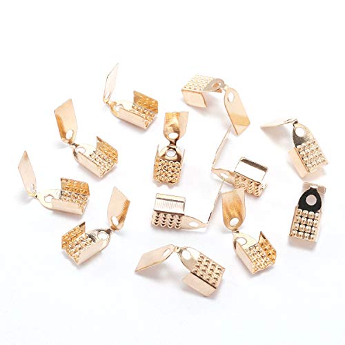 100pcs 4 mm Metal Rope Fastener Crimp Fold Over Cord End Cap Leather Clip Connector for DIY Jewelry Making Findings Supplies (KC Gold, 4mm)