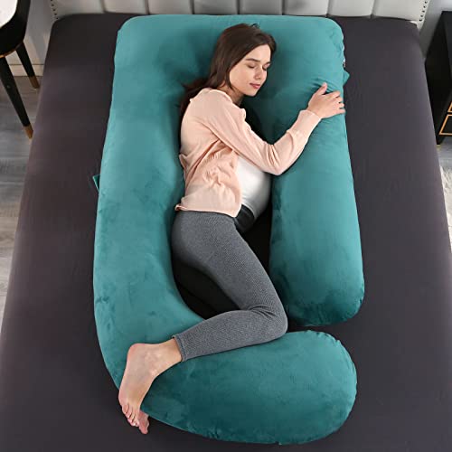 Image of U-Shaped Full Body Pregnancy Pillow for Sleeping - 57 inch Maternity Pillow with Removable Cover, Support for Back, Legs, Belly & Hips (Velvet-Dark Green)