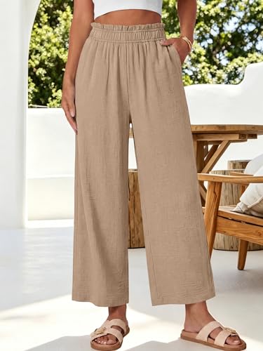 Image of ANRABESS Womens Wide Leg Cropped Palazzo Pants | Lightweight Breathable Elastic High Waisted Pants, Beach Vacation Flowy, Lounge & Casual Summer Trousers with Pockets