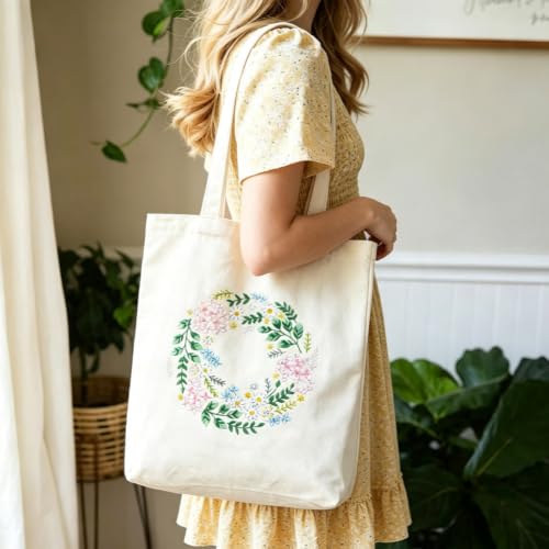 Image of KABAKE Canvas Tote Bag Embroidery Kit, Embroidery Kits for Beginners, Arts and DIY Crafts Embroidery Starter kit, Include Stamped Embroidery Bag, Threads, Embroidery Tools (Beige Bag with Dragonfly)