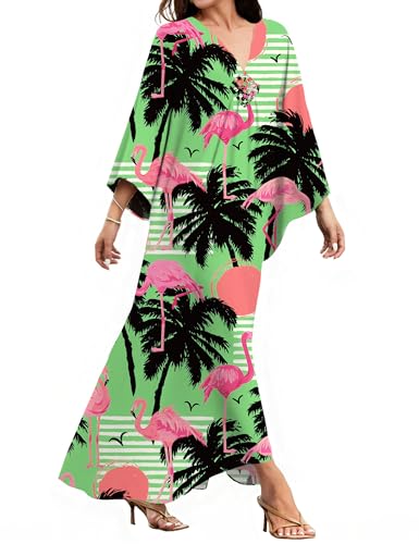 MAKABO Caftan Maxi Dress Hawaii Green Flamingo Cover Up V Neck Beachwear Luau Swimsuit Plus Size