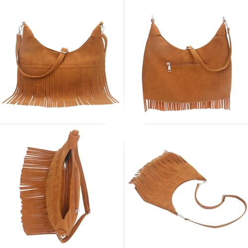 Image of Fringe Hobo Crossbody Bags for Women Cowgirl Western Crescent Purse Vegan Suede Hippie Shoulder Bag Bohemian Handbag
