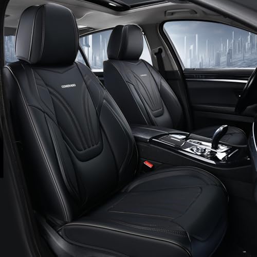 Coverado Car Seat Covers Front Seats, 2 Piece Car Seat Protector with Lumbar Support & Removable Headrest, Breathable Leather Seat Cushion Universal Fit for Truck Automotive Vehicles Black