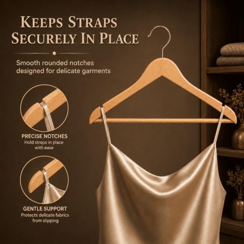 Image of Ash & Roh - Wooden Suit Hangers - Smooth Finish Solid Wood Coat Hanger with Non Slip Pants Bar, 360 Swivel Hook and Precisely Cut Notches Camisole, Jacket, Clothes Hangers (Wooden Hanger, 110)
