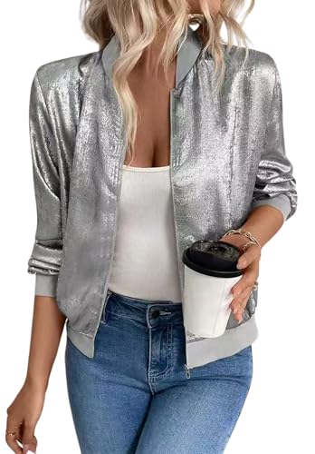 LEBOOBELL Veste Femme Printemps Automne Blouson Léger Uni Coupe Cintrée Veste Décontractée Chic(XXL, Z-Argenté)