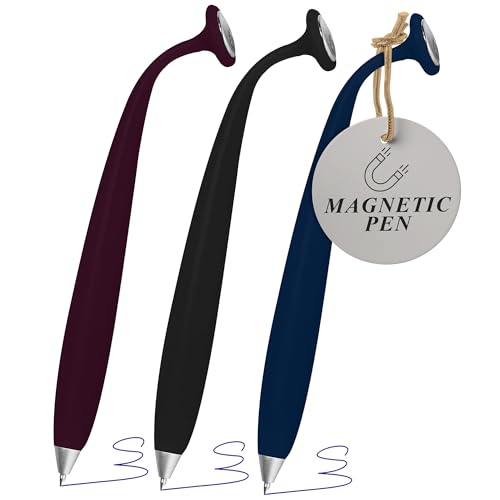 Wellspring Wiggle Writing Pens - Magnetic Pen with Built-in Magnet for Fridge Notes & Lists - Refillable Pens for Home & Office - 3 Pack - Amethyst, Navy, and Black