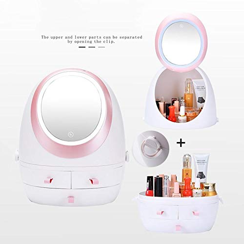 Image of PYU ENJOY SHOPPING Cosmetic Storage Box with Mirror and 360 Rotating Cover, Inside, Outside, White & Pink