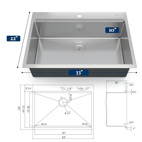33 x 22 Drop-In Workstation Kitchen Sink – 16 Gauge Stainless Steel Topmount Sink, 10" Deep Single Bowl & 6 Accessories