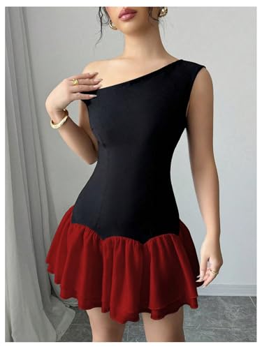 Image of Verdusa Women's Color Block Ruffle Off Shoulder Dress Drop Waist Layered Mesh Mini Dress