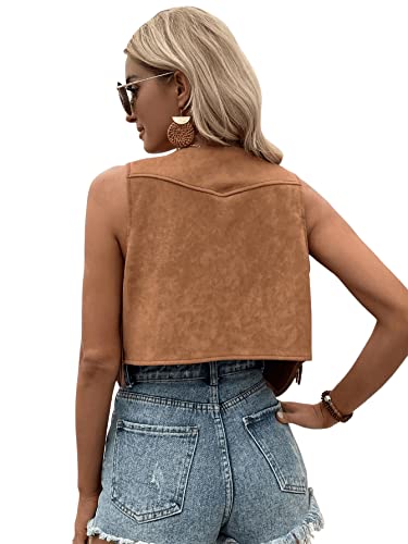 SweatyRocks Women's Suede Fringe Trim Sleeveless Crop Vest Jacket Button Front Coat2