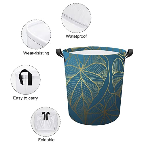 Gold Exotic Floral Leaves 17.3In Laundry Baskets For Bedrooms Tropical Plants Collapsible Laundry Hamper With Handles Round Toy Bin For Dirty Clothes,Kids Toys,Bathroom #TOP3