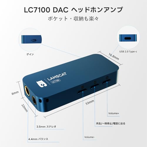 LAMSCAT LC7100 USB-C ポータブルDACアンプ EQ調音 アプリ個性化 4.4mm/3.5mm 32bit/768kHz ハイレゾ ダブルDAC内蔵CS43198 携帯型ヘッドホンアンプ C-Cケーブル付き Windows/Mac OS/iPad/Androidシステム用 (ブル－)