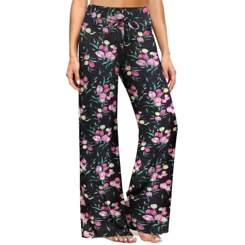 Image of ZOOSIXX Soft Black Pajama Pants for Women, Wide Leg Pants Woman Flowy Comfy Casual Lounge Yoga Capri Pants 22 inch / 30 inch