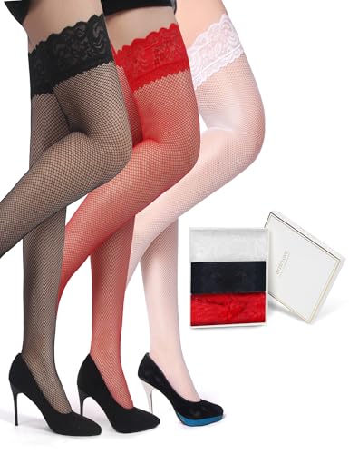 Image of ohyeah Women Fishnet Plus Size Thigh High Stockings XS-5XL Silicone Stay Up Lingerie Lace Top Pantyhose Hosiery