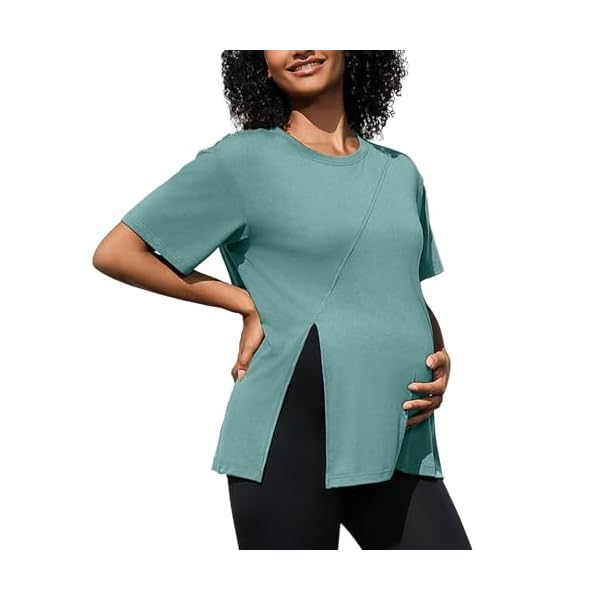 DEBELLY Women's Maternity Shirts Short Sleeve Pregnancy Tops Blouses Front Split Casual Maternity Tunic Outfits