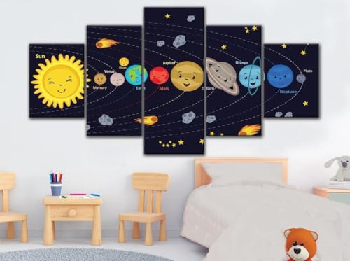 Décoration murale salon système solaire avec cadre en 5 parties pour chambre d'enfant