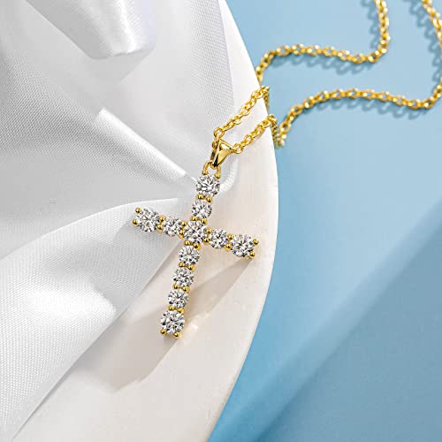 Carleen Cross Necklace For Women Yellow Gold Plated Sterling Silver Cubic Zirconia Cz Simulated Diamond Cross Crucifix Pendant Necklace Jewelry Easter Gift For Women Girls, 18" Silver Chain Nice Gifts Jewelry Box #TOP2