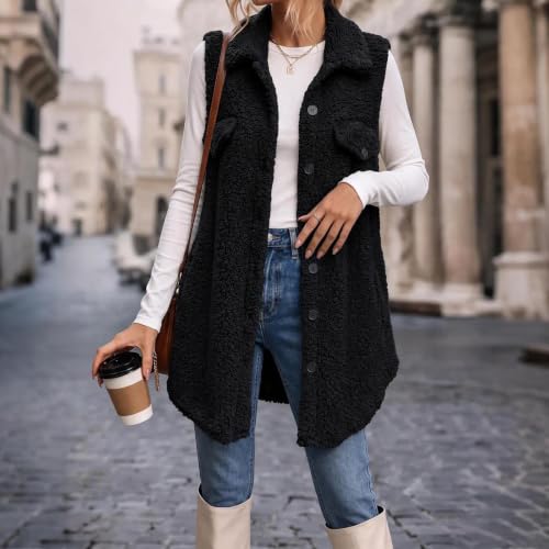 Womens Sherpa Fleece Vest Longline Button Front Flap Pockets Casual Winter - image 3