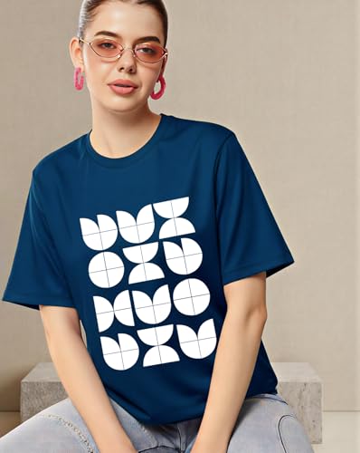 Image of Women's Typography Round Neck Cotton-Blend T-Shirts, Oversized Drop Shoulder Boho Style T-Shirt