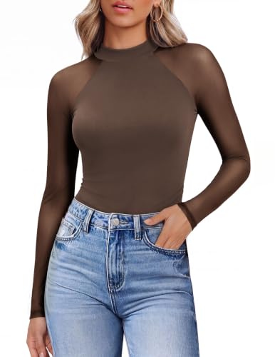 Women Mesh Shirts Long Sleeve Lace Tops Mock Turtleneck Tee Sheer Blouse