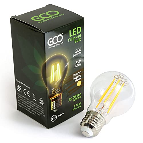 ECO 60W Energy Saving Light Bulb, Low Energy 8W LED Filaments, Bright 800 Lumen, Clear Glass, Warm White (2700K), E27 Standard UK Edison Screw (ES), 25000Hrs Lifetime.