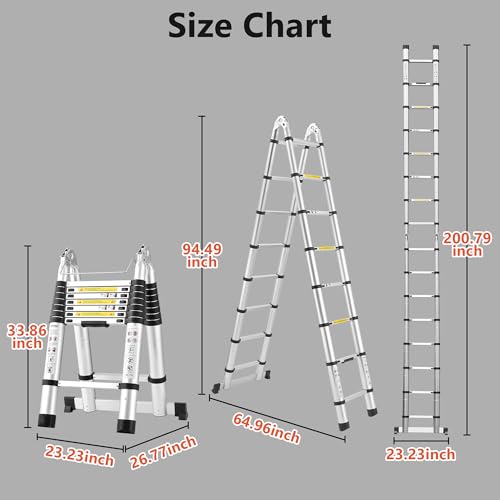Image of Telescoping Ladder A Frame 16.5Ft Aluminum with Stabilizer Bar, Silver | 330 LBS Capacity, Collapsible Extension Ladder with Non-Slip Feet for House, Roof, RV & Travel Trailer