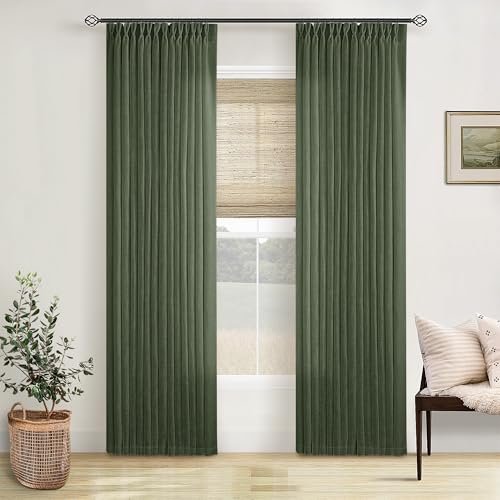 Image of TWODRAPES Olive Green Linen Pinch Pleated Curtains 84 Inches Long 2 Panels for Living Room Bedroom Linen Pleated Hooks Rings Back Tab Light Filtering Loden Moss Green Farmhouse Drapes 84 Inch Length