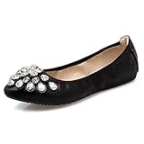 Meeshine Womens Foldable Soft Pointed Toe Ballet Flats Rhinestone Comfort Slip On Flat Shoes