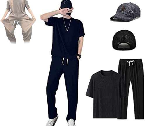 2022 Nuevos Trajes Casuales De Seda De Hielo para Hombre + Sombrero De Malla Transpirable De Moda De Verano, con Pantalones De CháNdal con CordóN Traje EláStico para Correr (M, Negro) Cover