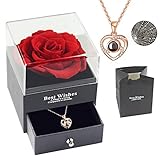 SDFGHG Preserved Real Red Rose with Love You Necklace in 100 Languages Gift Set, Enchanted Real Rose Flower for Valentine's Day Anniversary Wedding Bthday Romantic Gifts for her
