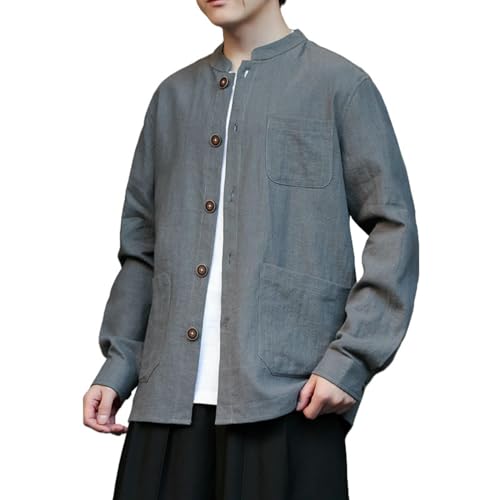 Chemise col montant homme en lin et coton de style chinois à manches longues
