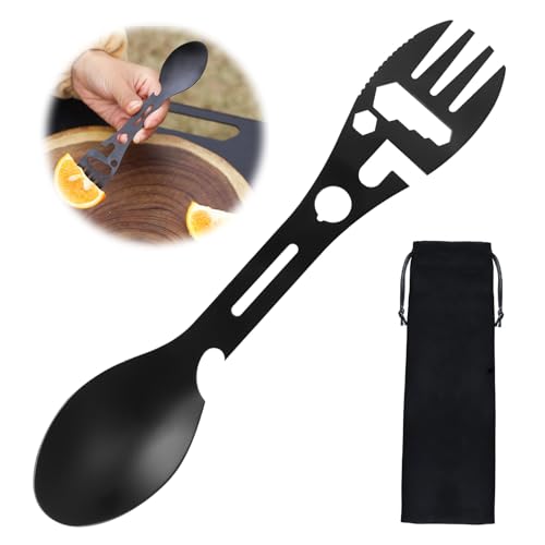 Utility Travel Spork, Stainless Steel 8-in-1 Functional Outdoor Camping Spork Eating Tool Sporks with Bottle Opener Fork Knife,Includes Cloth Bag for Scouts Camping Hiking Travel Black
