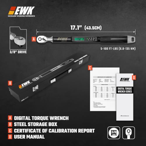 Image of EWK 3 /8 inch Drive Digital Angle Torque Wrench 5-100 ft-lbs (6.8-135 Nm) | ISO 6789, ±1.5% clockwise / ±2.5% counterclockwise / ±2% Angle, LCD Display, LED Buzzer Vibration Alert, 30 Memory Values