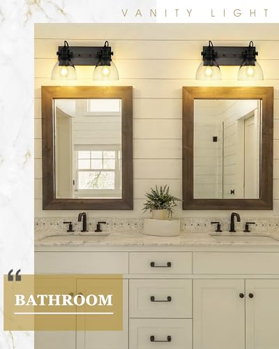 Image of 2-Light Black Bathroom Vanity Light Over Mirror, Clear Glass Shade | 16 inch Retro Vintage Vanity Lighting Fixture, E26 Base, Long Base Metal Frame, Ideal above Bathroom Mirrors, AD-22151-2W-BK