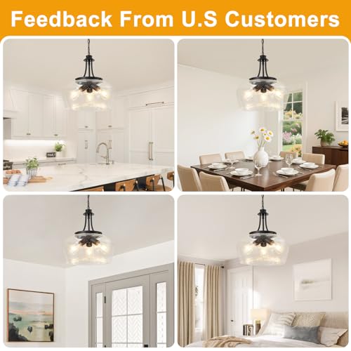 Image of Modern Pendant Lights Kitchen Island, 3-Light Black Pendant Light Fixtures with 14.2 inch Clear Air Bubble Glass Shade, Industrial Hanging Pendant Lights Fixture for Kitchen Island, Dining Room, Entryway