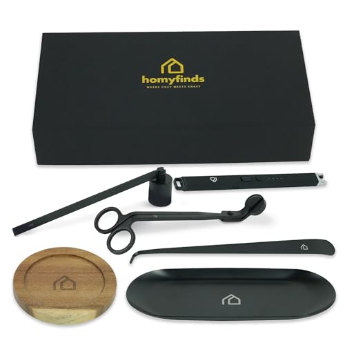 Homyfinds Candle Care & Accessory Set 5-in-1 Wick Trimmer Snuffer Wick Dipper USB Rechargeable Electric Lighter Acacia Wood Coaster & Metal Tray Luxury Gift Box for Candle Lovers