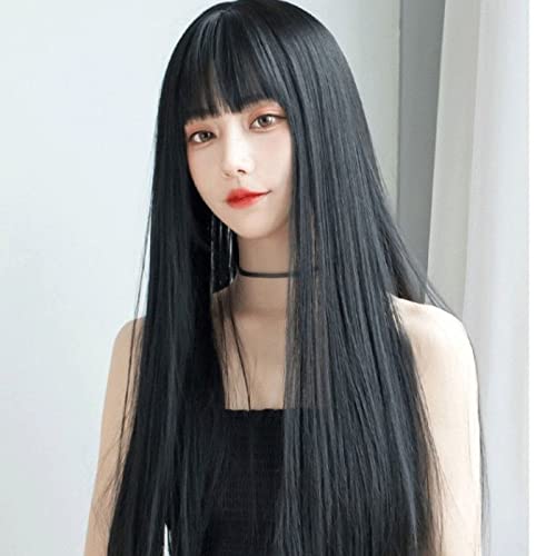 72cm/28.3inch Long Straight Wig, Long Black Wig with Bangs - Image 3