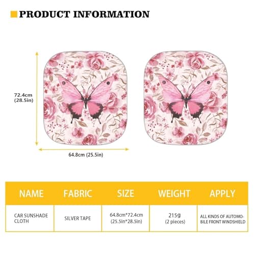 Image of Pink Butterfly Car Sun Shade for Windshield, 2-Pack, Universal Fit, 28.5 x 25.5 inches, Butterfly Print
