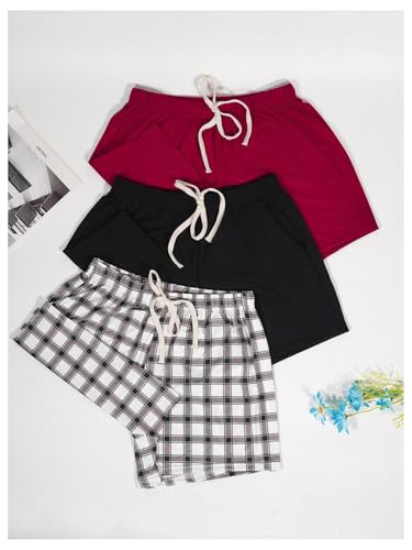 Image of WDIRARA Women's 3 Pack Plaid Letter Graphic Pajama Shorts Lounge Shorts | Elastic Waist ,Comfortable,Home Living,Sleepwear