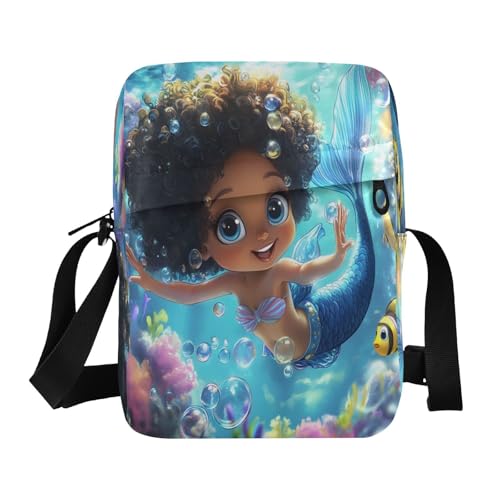 Crossbody Bag African American Black Girl Mermaid Princess Messenger Bag for Women Men Purse Shoulder Bag Satchel Bag with Adjustable Strap 214B8820