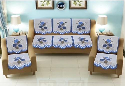 Image of Sofa Cover with Table Cover 3 Seater and 2 Seater, 5 Seater Cotton Net Panels for Home Office Living Room Sofa Couch, 3+2 Slip Cover for Furniture Protector (Blue Flower)