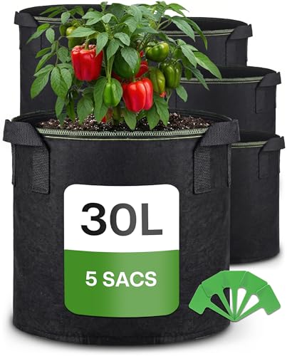 Praknu 5 Sacs de Plantation 30L – avec Poignées & 5 Étiquettes d’Identification – Sac de...