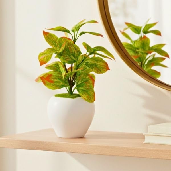 Image of fancymart Artificial Plant Leaves in Apple Pot (30 cm Height) | Small Potted Plant for Office Desk | Home Decor for Living Room | Cafe & Restaurant Table Decoration