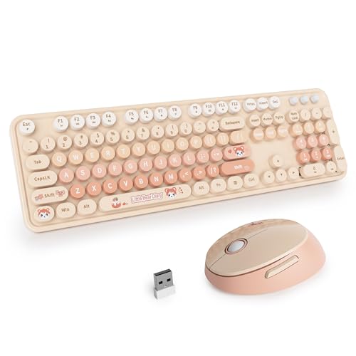 SOLIDEE Wireless Keyboard and Mouse Combo,Retro Typewriter Keyboard,2.4GHz Round Keycap Computer Keyboard with Number Pad,104 Keys Full Size Ergonomic Kawaii Keyboard(US Layout QWERTY)(Diary Orange)