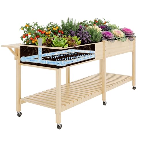 Cakhdry Raised Garden Bed with Legs and Wheels Self-Watering System 72x24x30in Elevated Planter Box with Storage Shelf & Liner for Flowers Vegetables Herbs Raised Bed for Outdoor/Balcony/Patio
