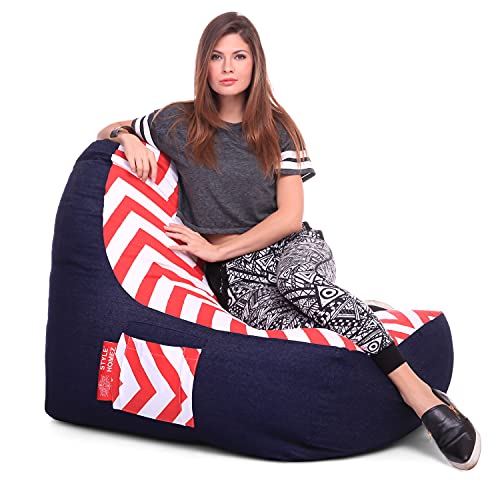 Image of Style Homez Urban Design Denim Canvas Stripes Printed Chair Bean Bag XXL Size Filled with Beans Fillers