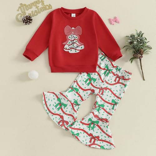 Toddler Girl Christmas Outfit Embroidery Bow Christmas Tree Shirt Flare Pant Christmas Clothes 12M 18M 2T 3T 4T 5T4