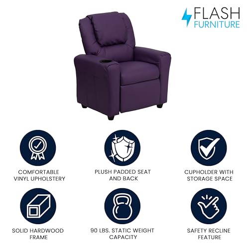Image of Flash Furniture Vana Vinyl Kids Recliner with Cup Holder, Headrest, and Safety Recline, Contemporary Reclining Chair for Kids, Supports up to 90 lbs., Purple