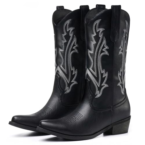 Cowboy Boots for Women Mid Calf Black Cowgirl Boots Square Toe Western Boots Womens Cowboy Boots Chunky Heel botas vaqueras para mujer
