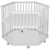 laufgitter oval weiß  Sämann® Laufgitter PREMIUM 6-eckig mit Matratze, stufenlos höhenverstellbar, Baby Laufstall, gummierte Rollen, Buche weiß lackiert